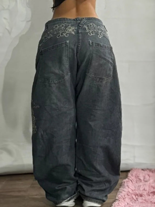 Women's Black American Retro Wide Legs Boyfriend Jeans
