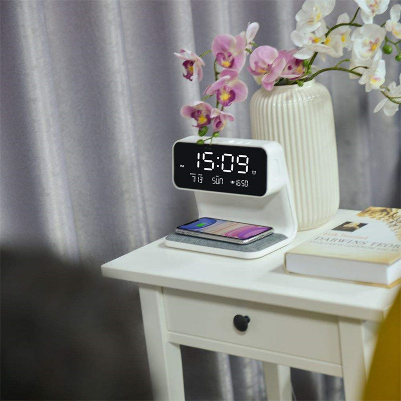3-in-1 Bedside Lamp with Wireless Charging – LCD Alarm Clock & Touch Dimmable LED Table Light