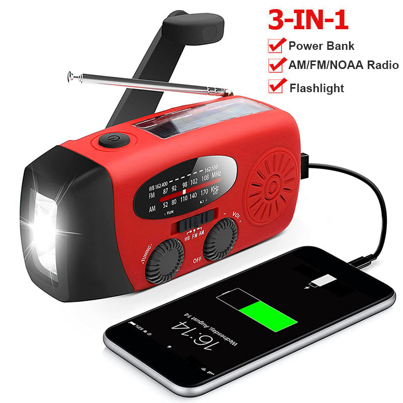 Self-Powered Emergency Radio – Hand Crank, Solar, Flashlight & Power Bank – FM/AM Radio, Essential for Disasters and Emergencies