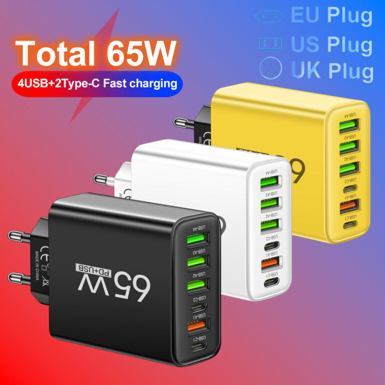 65W 6-in-1 Fast Charger – Charge Up to 6 Devices at Once – Perfect for Home, Office, and Travel